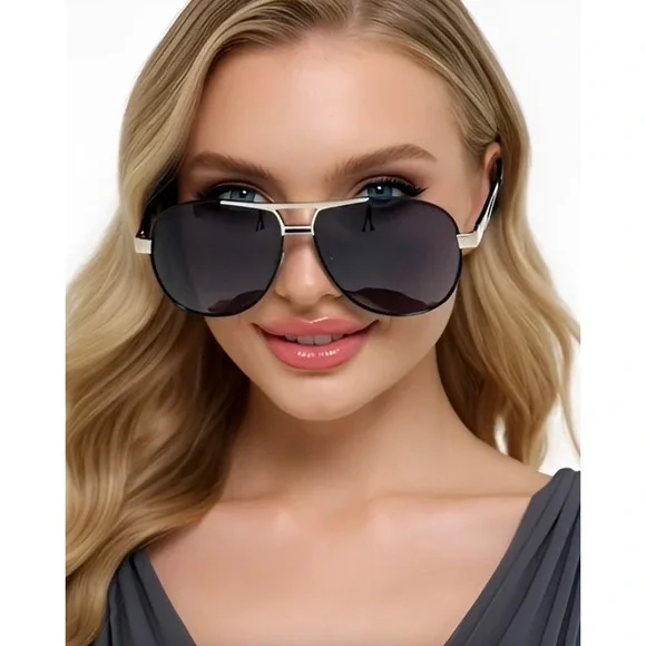 Aviator Sunglasses Women Dark Lenses Silver Metal Frame Black Arms Chic Fashion - Picture 6 of 12